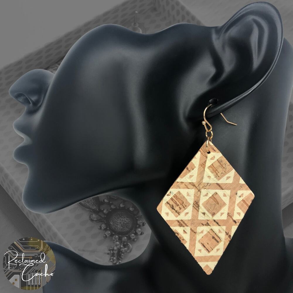Ivory Square Printed Cork Earrings